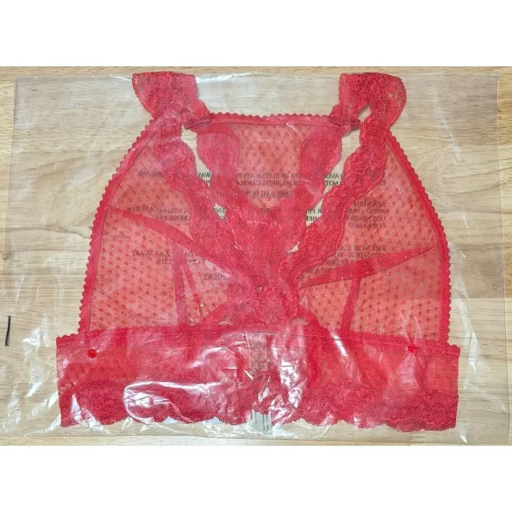 Free People Longline Bra, Small, Red Mesh Lace Polka Dot Sheer Bralette Lingerie